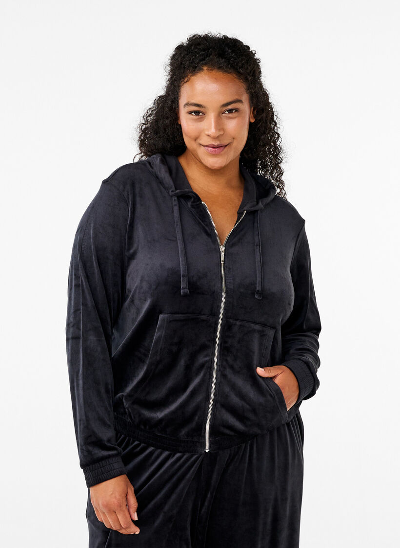 Velour cardigan med hette, Black, Model image number 0