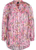 Blomstrete tunika med V-hals og lange ermer, Pink Feather