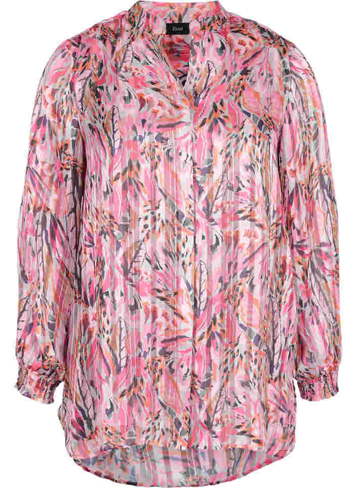 Blomstrete tunika med V-hals og lange ermer, Pink Feather, Packshot image number 0