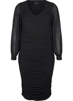 Zizzi Midi mesh kjole med draperinger, Black, Packshot image number 0