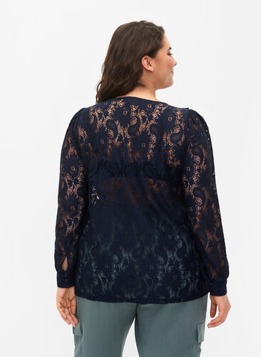 Blondebluse med volangdetalj, Navy, Model image number 1