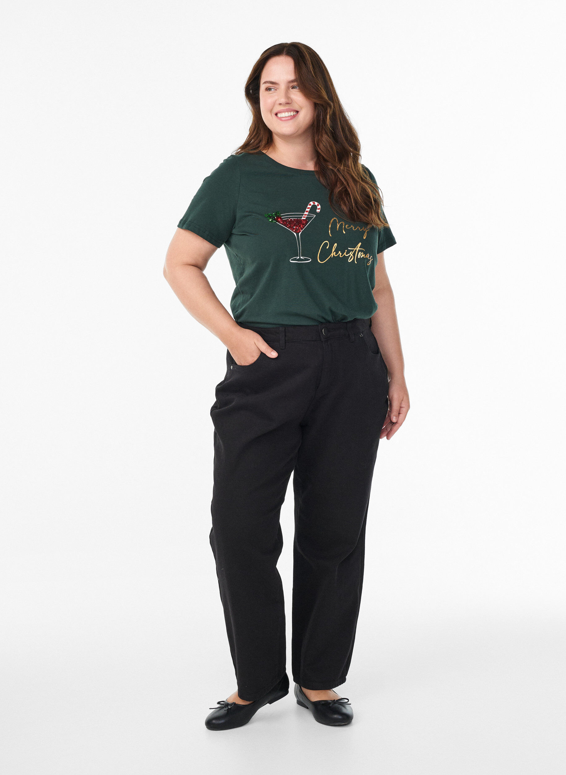 Zizzi Jule-T-skjorte i &oslash;kologisk bomull, Gr&oslash;nn, Model image number 1