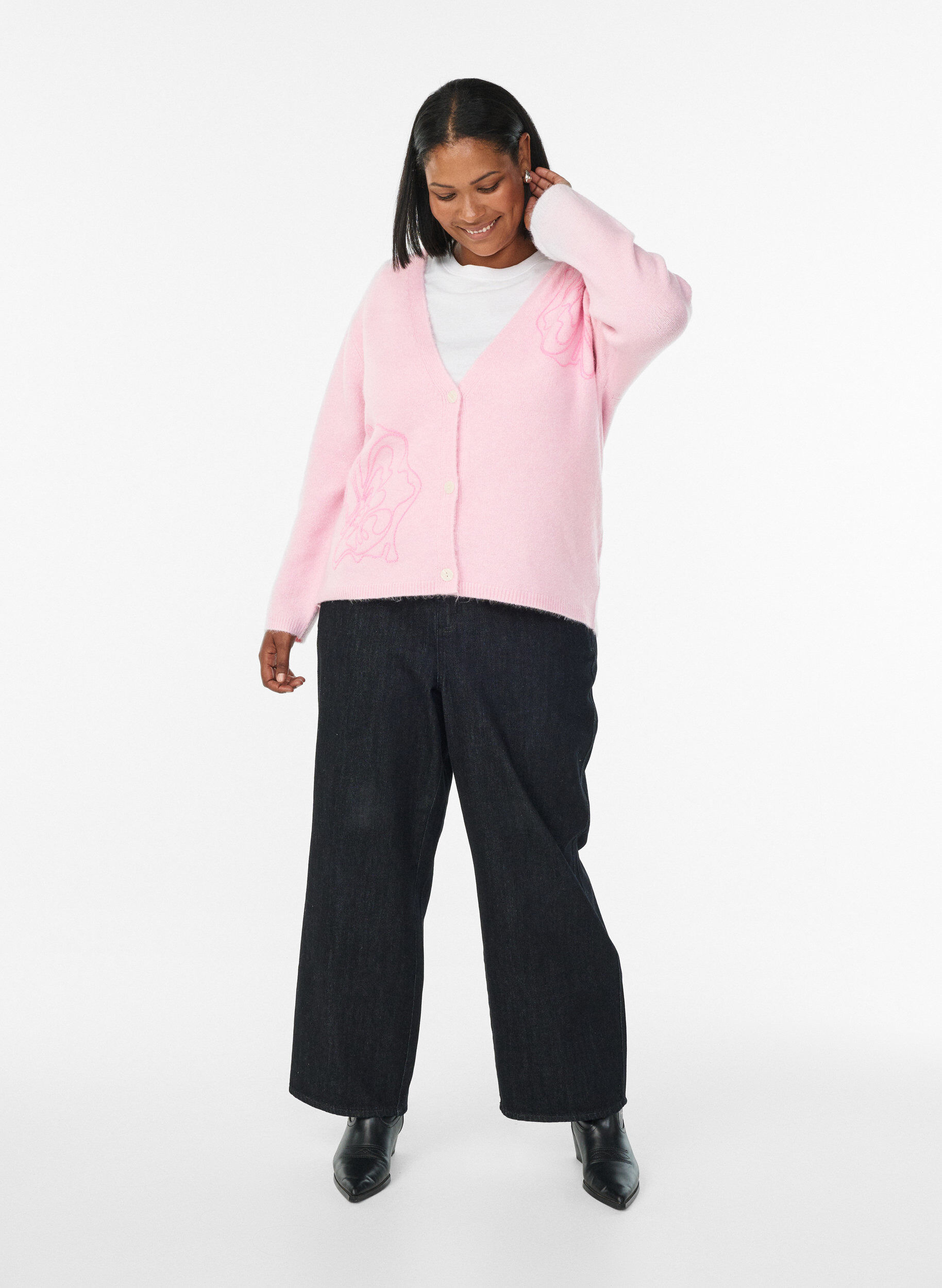 Zizzi Cardigan med V-hals og broderte blomster, Rosa, Model image number 1