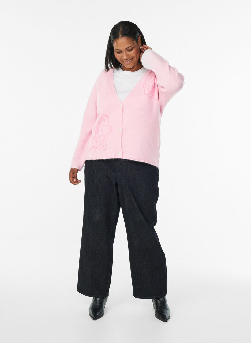 Cardigan med V-hals og broderte blomster, Rosa, Model image number 1