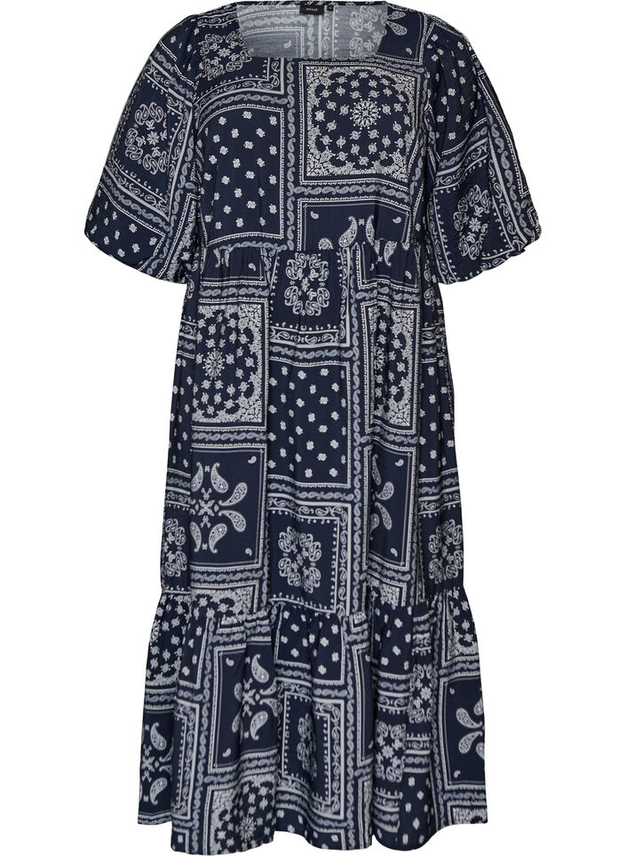 Ankellang kjole i viskose med paisley-trykk og korte ermer, Bl&aring;, Packshot image number 0