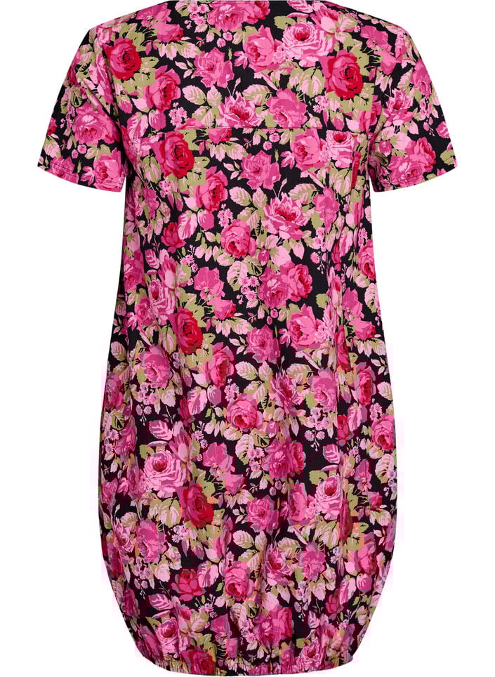 Kortermet bomullskjole med trykt mønster, Svart, Packshot image number 1