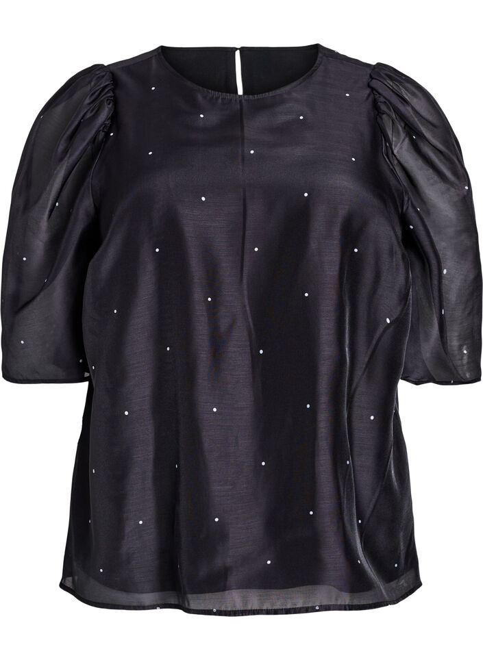 Festbluse i organza-uttrykk med prikker, Svart, Packshot image number 0