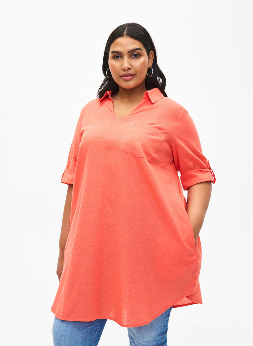 Kortermet tunika i bomullsblanding med lin, Living Coral, Model image number 0