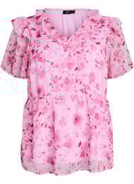 Blomstret bluse med volangkrage og peplumeffekt, Rosa