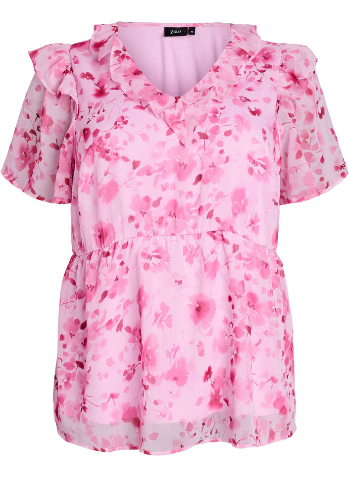 Blomstret bluse med volangkrage og peplumeffekt, Rosa, Packshot image number 0