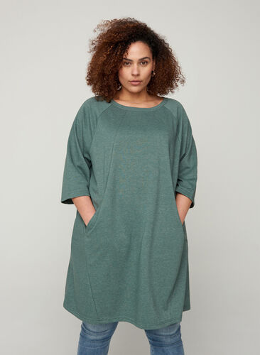 Kjole med 3/4-ermer og lommer, Balsam Green Mel, Model image number 0