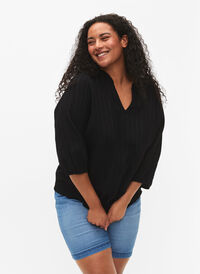 Viskosebluse med 3/4 ermer og smock, Black, Model