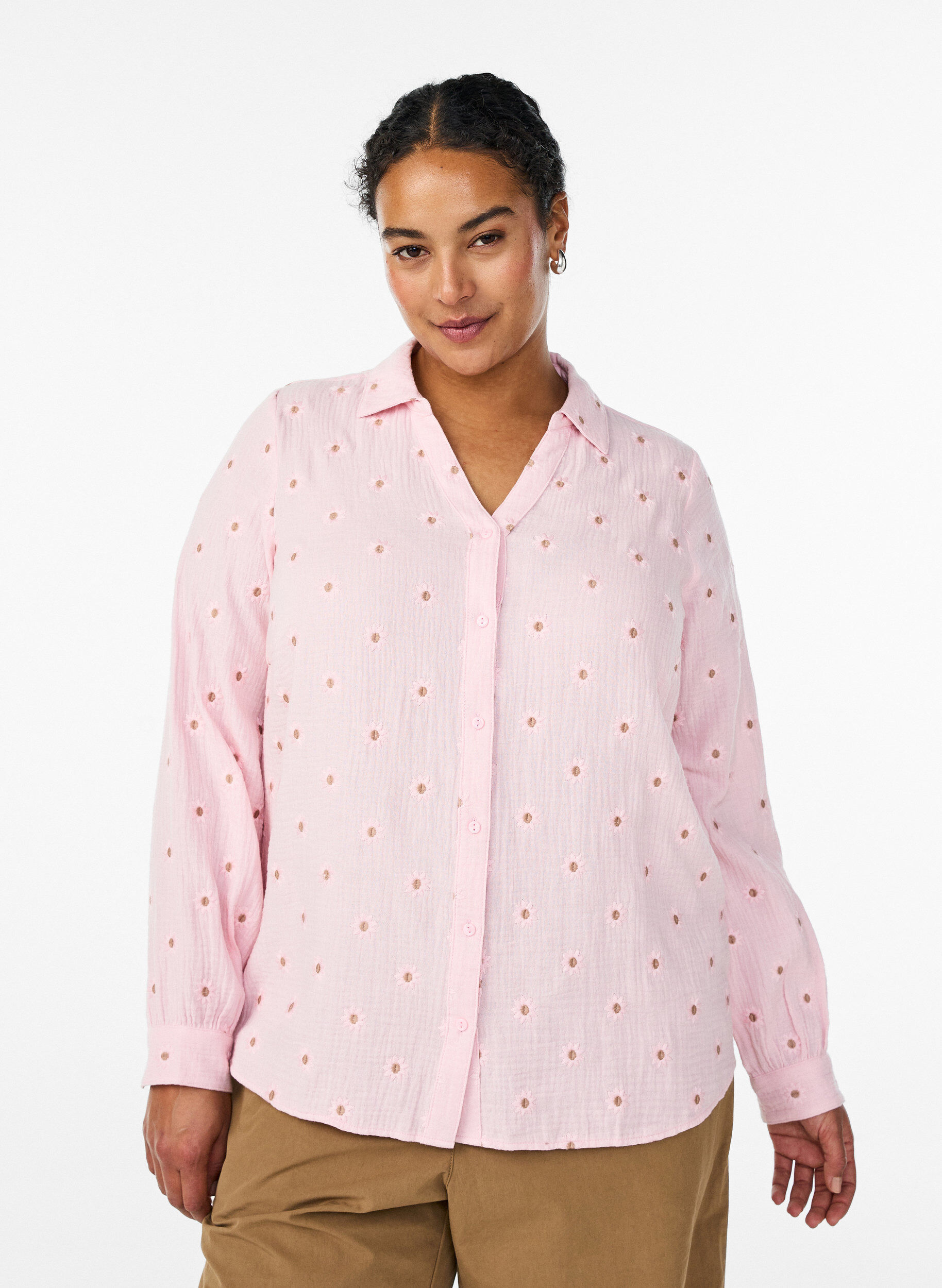 Zizzi Langermet bluse i bomullsmusselin med broderte motiver, Rosa, Model image number 0