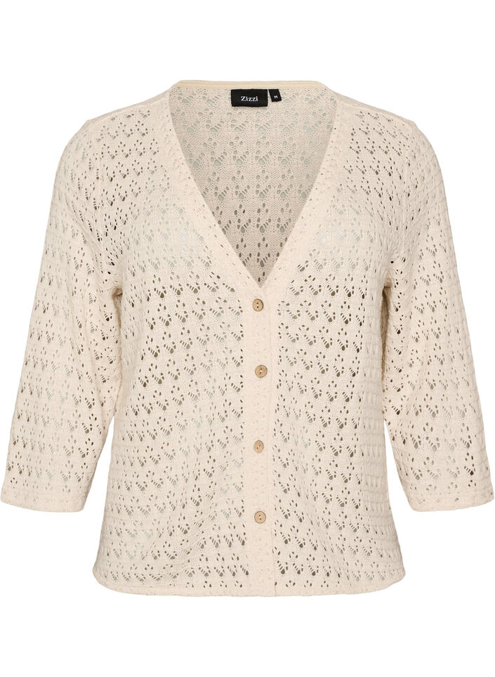 Strikket cardigan med hullbroderi og V-hals, Beige, Packshot image number 0