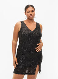 Ermeløs paljettkjole med V-hals, Black, Model
