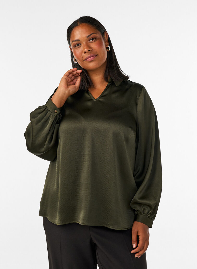 Bluse med skjortekrage og V-hals, Gr&oslash;nn, Model image number 0
