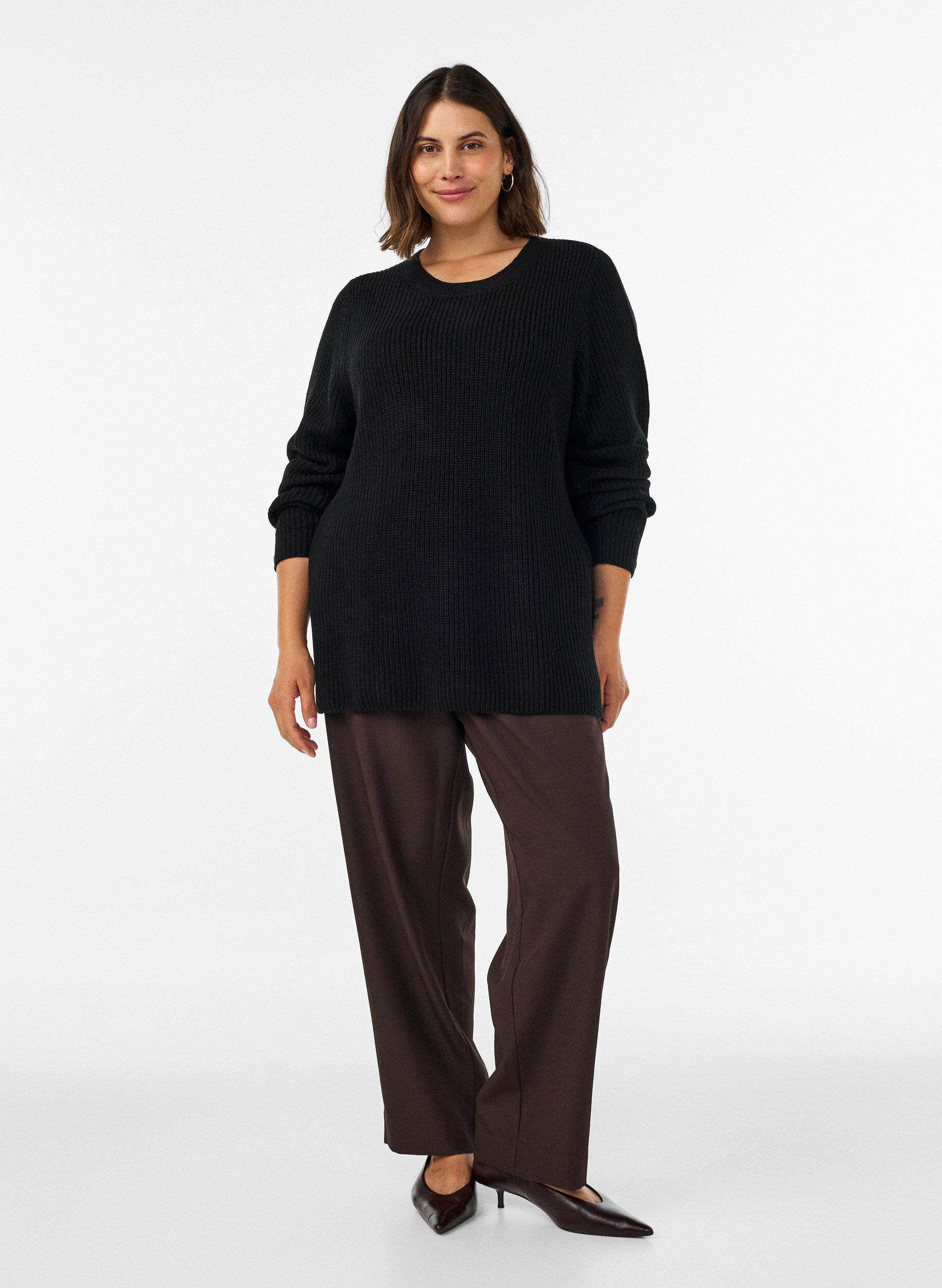 ZizziStrikket bluse med ribbestruktur og knappdetaljer, Svart, Model image number 1