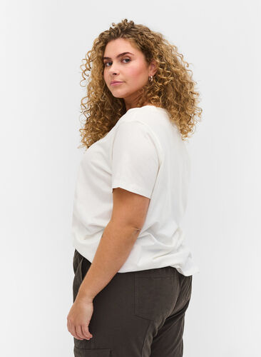 T-skjorte i økologisk bomull med snøredetalj, Warm Off-white, Model image number 1