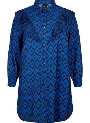 Lang viskoseskjorte med trykk og rysjer, True blue w. Black, Packshot image number 0