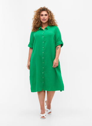 Skjortekjole i bomull med korte ermer, Bright Green, Model image number 2
