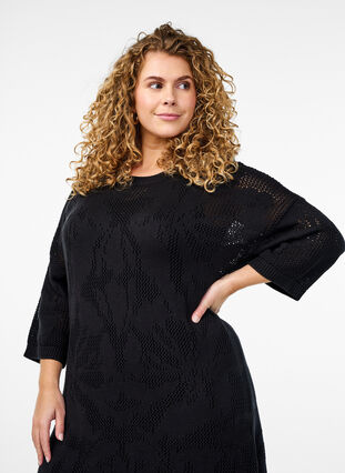 Zizzi Strikket kjole med åpent mønster og 3/4 ermer, Svart, Model image number 2