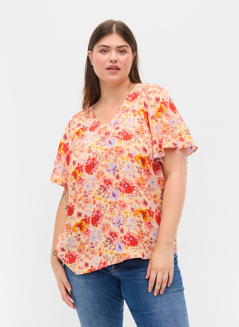 Kortermet viskosebluse med blomstermønster, Red Orange AOP, Model image number 0