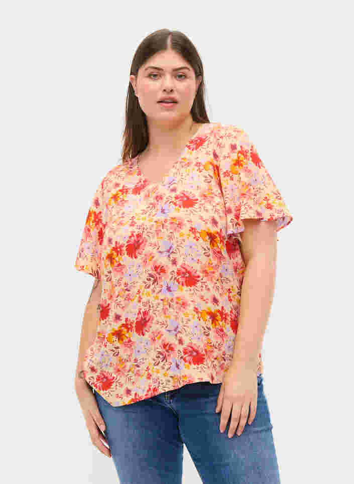 Kortermet viskosebluse med blomstermønster, Red Orange AOP, Model