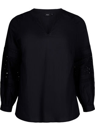 Bluse med lange ermer og dekorative detaljer, Black, Packshot image number 0