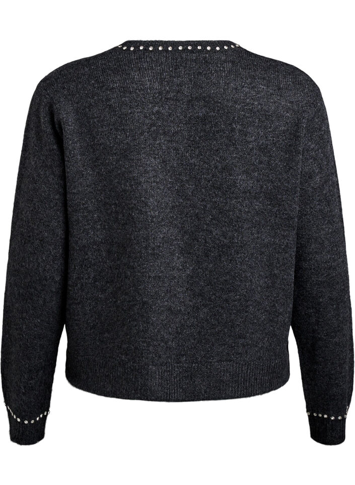 Cardigan med rhinesteiner og dekorative knapper, Grå, Packshot image number 1