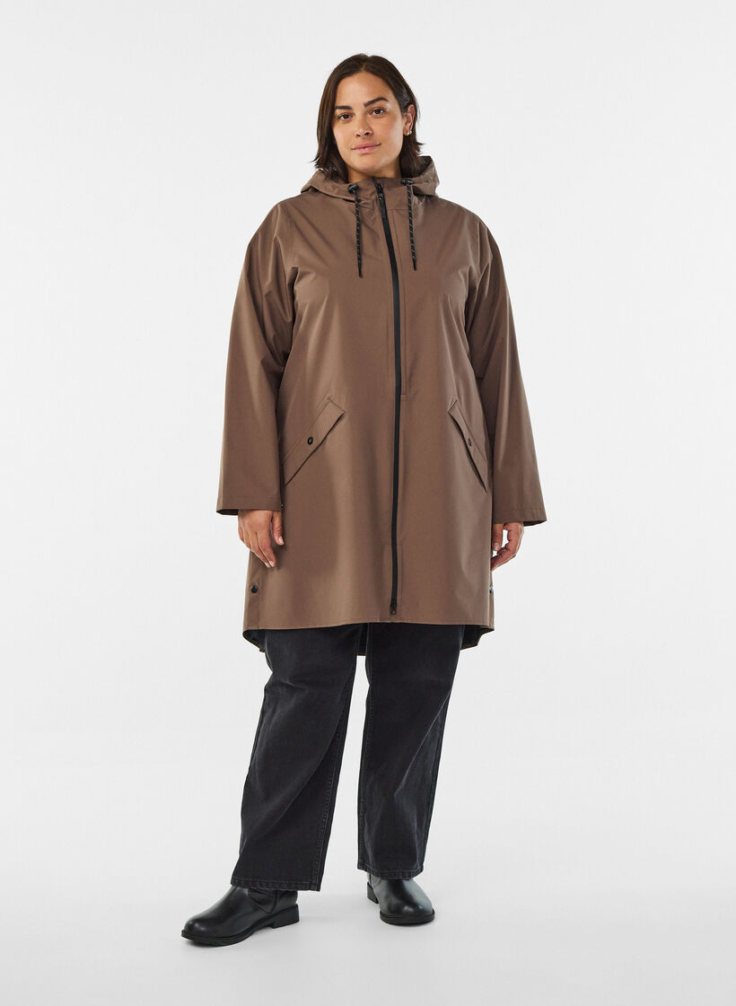 Regnjakke med lommer og hette, Brun, Model image number 1