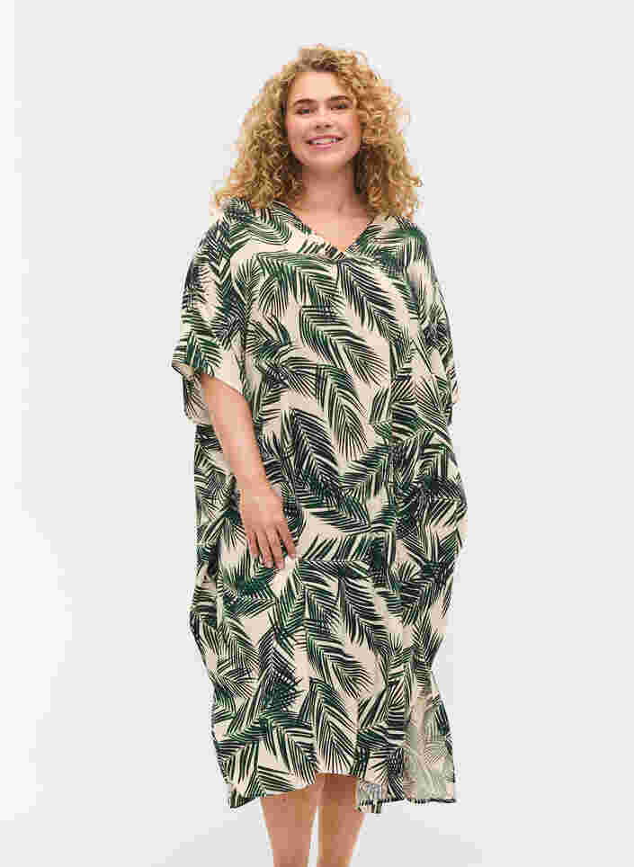 Kaftankjole i viskose med mønster, Green Leaf, Model
