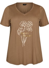 Cotton T-shirt with front print and V-neck, Brown