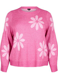 Strikket bluse med blomster, Raspberry Rose Comb