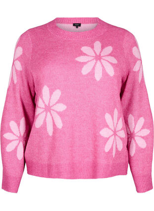 Zizzi Strikket bluse med blomster, Raspberry Rose Comb, Packshot image number 0