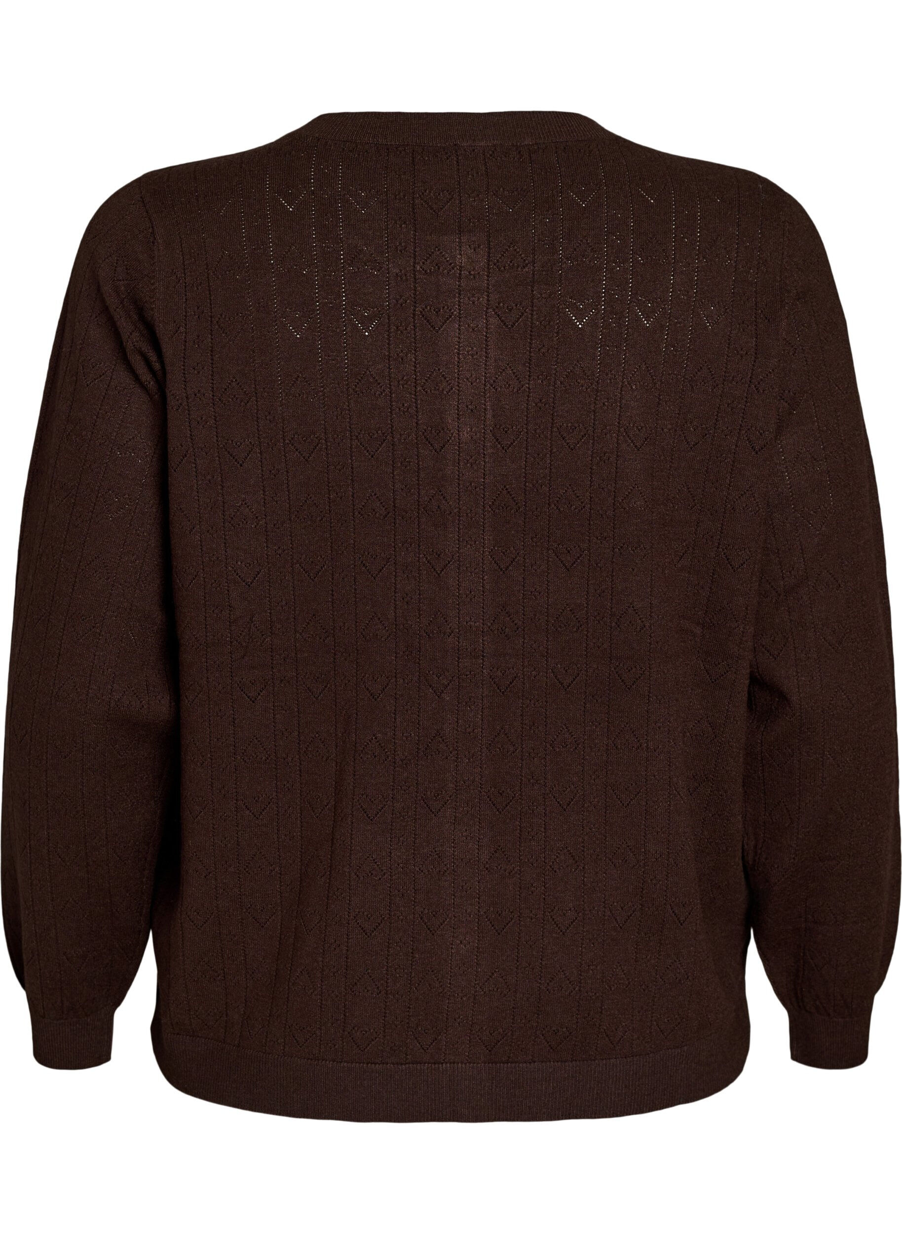 ZizziStrikket cardigan med hjerte hullbroderi, Brun, Packshot image number 1