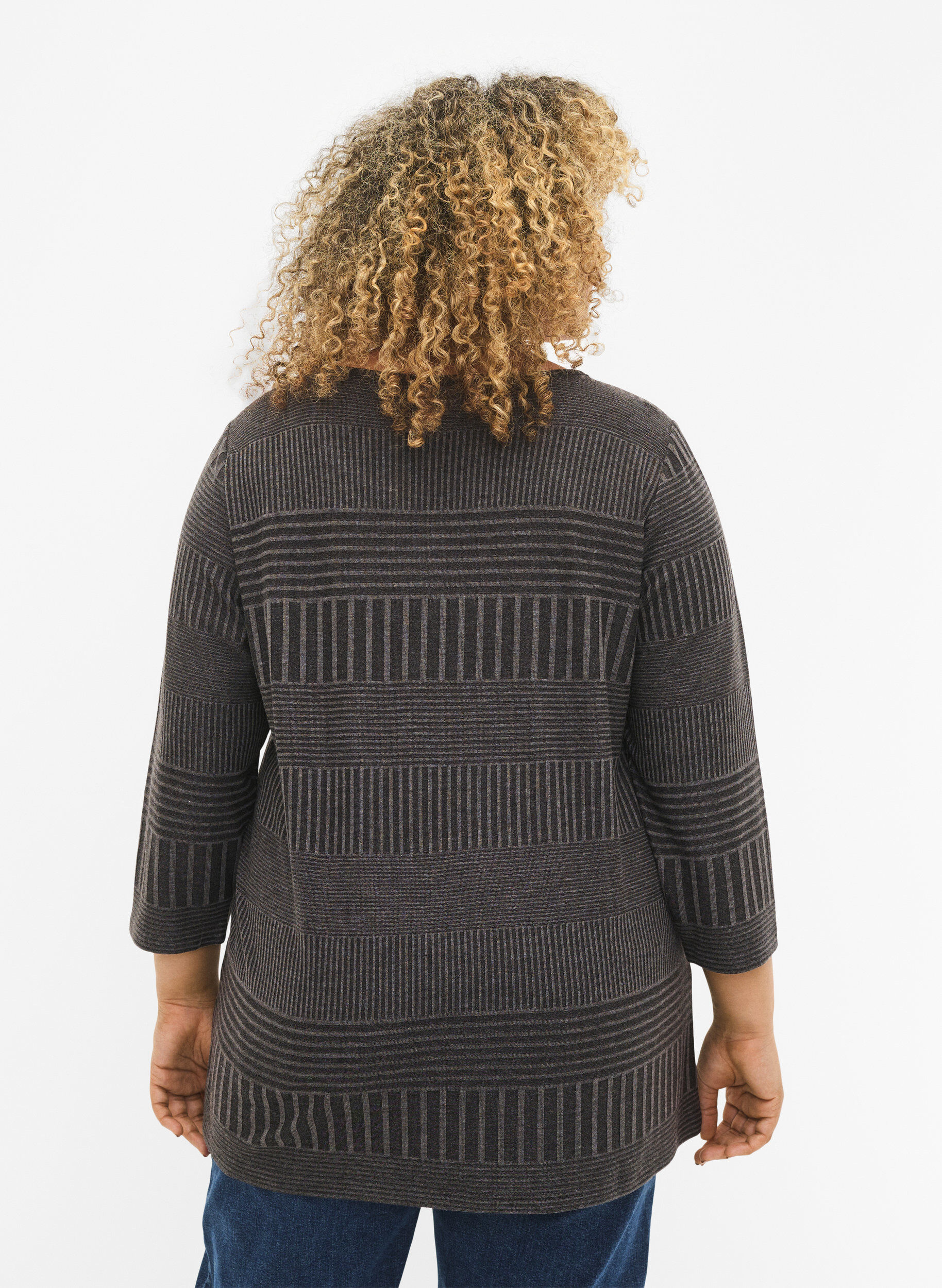 Zizzi Bluse med 3/4-ermer og stripem&oslash;nster, Dark Grey Melange, Model image number 1