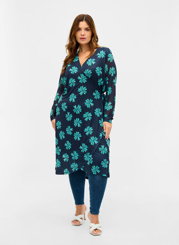 Mønstrete meshkjole med omslagseffekt, Night Sky w Green , Model image number 2