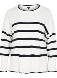 Stripete strikkegenser med splitt, Cloud Dancer w Black