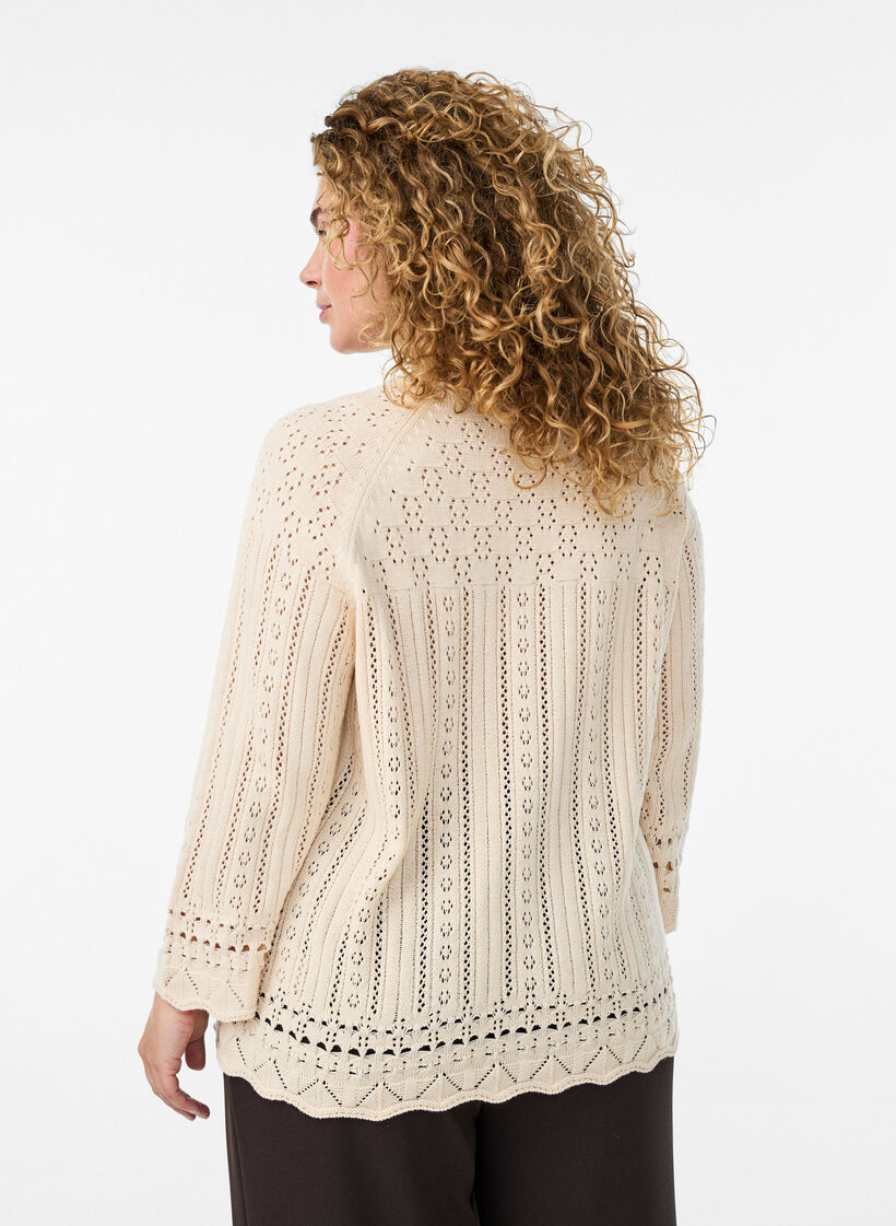 Strikket topp med hullbroderi og 3/4 ermer, Beige, Model image number 2