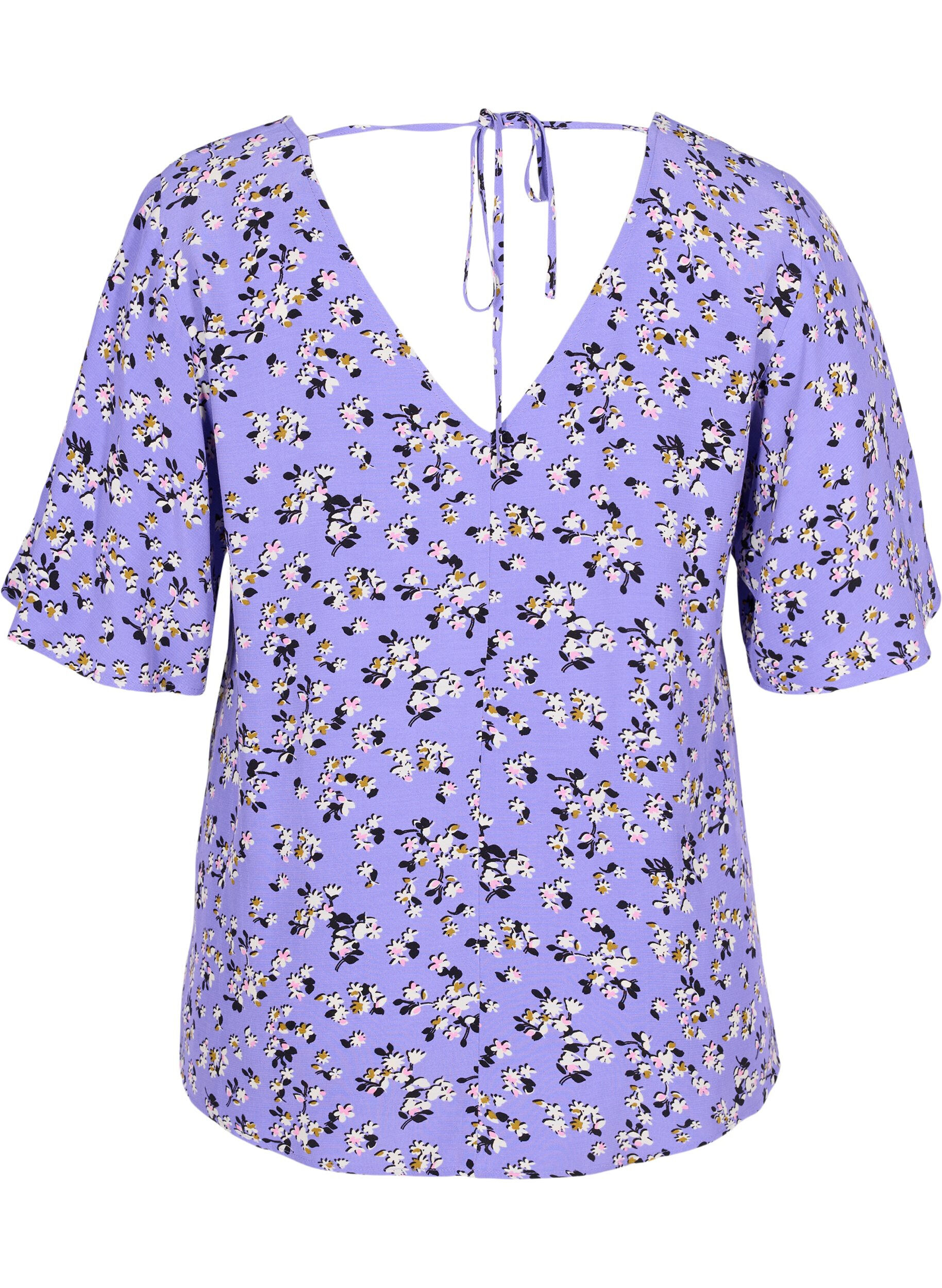 Zizzi Blomstrete viskosebluse med sn&oslash;redetalj, Lilac Flower Print, Packshot image number 1