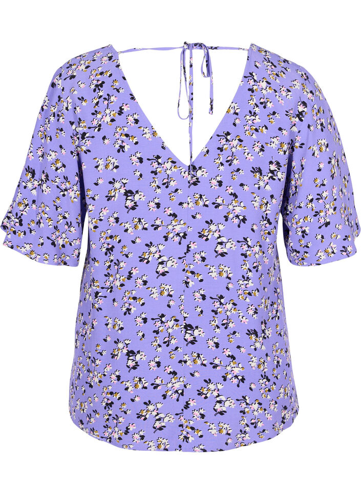 Blomstrete viskosebluse med snøredetalj, Lilac Flower Print, Packshot image number 1