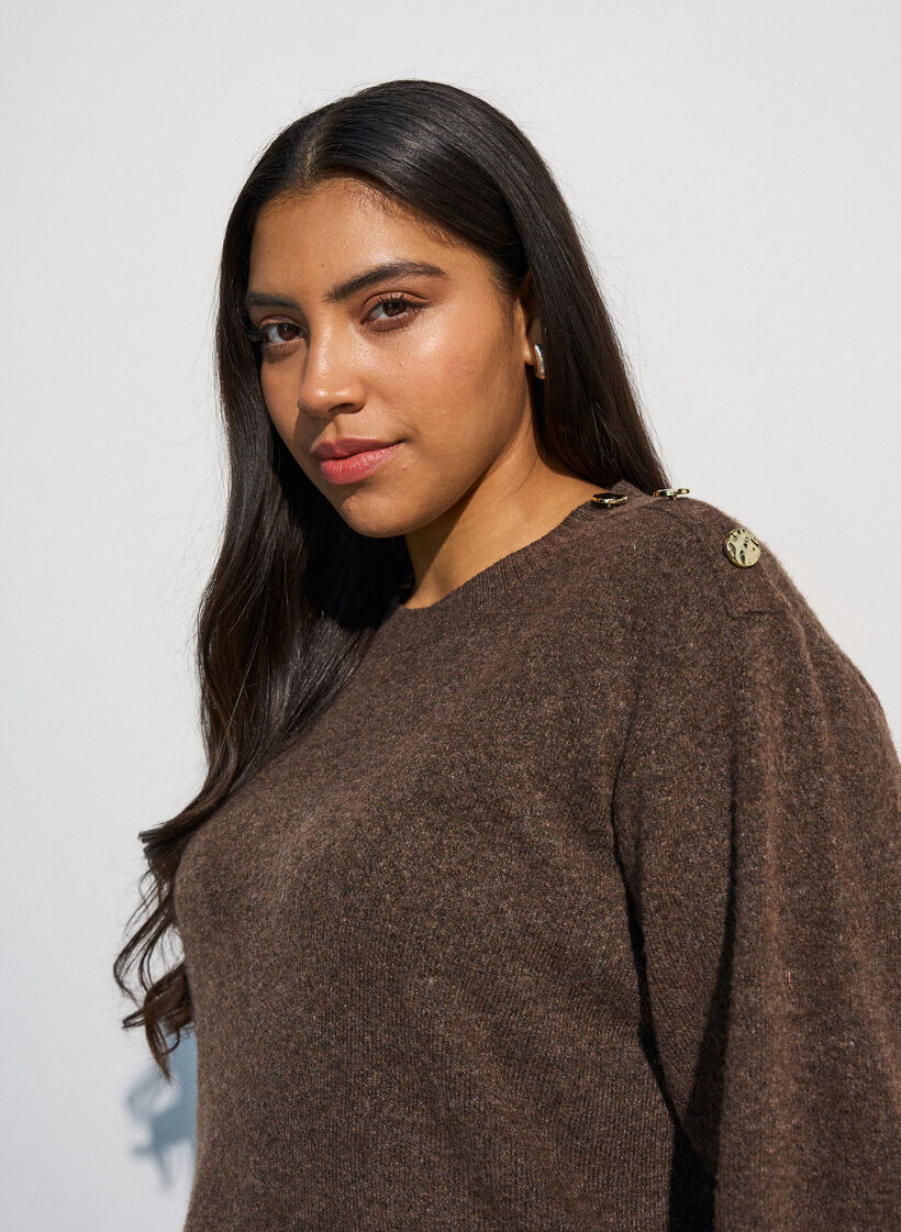 Strikket bluse med knappdetalj, Brun, Model image number 3