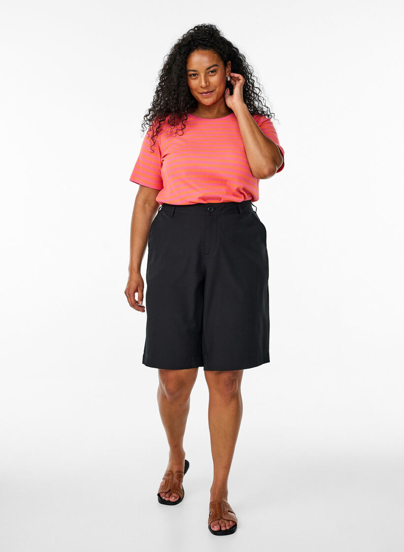 T-shirt med striper og ribbestrikket struktur, Orange, Model image number 1