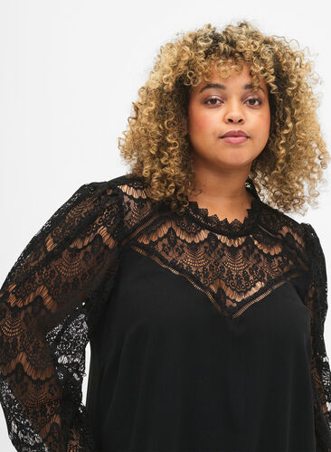 Langermet kjole med blonder, Black, Model image number 2