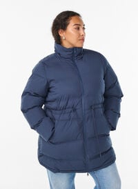 Mellomlang pufferjakke med justerbar midje, Blå Mellomlang pufferjakke med justerbar midje, Blå, Model