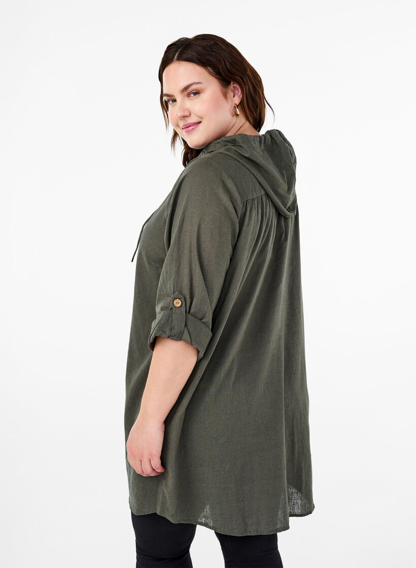 Tunika med hette i bomull og lin, Thyme, Model image number 1