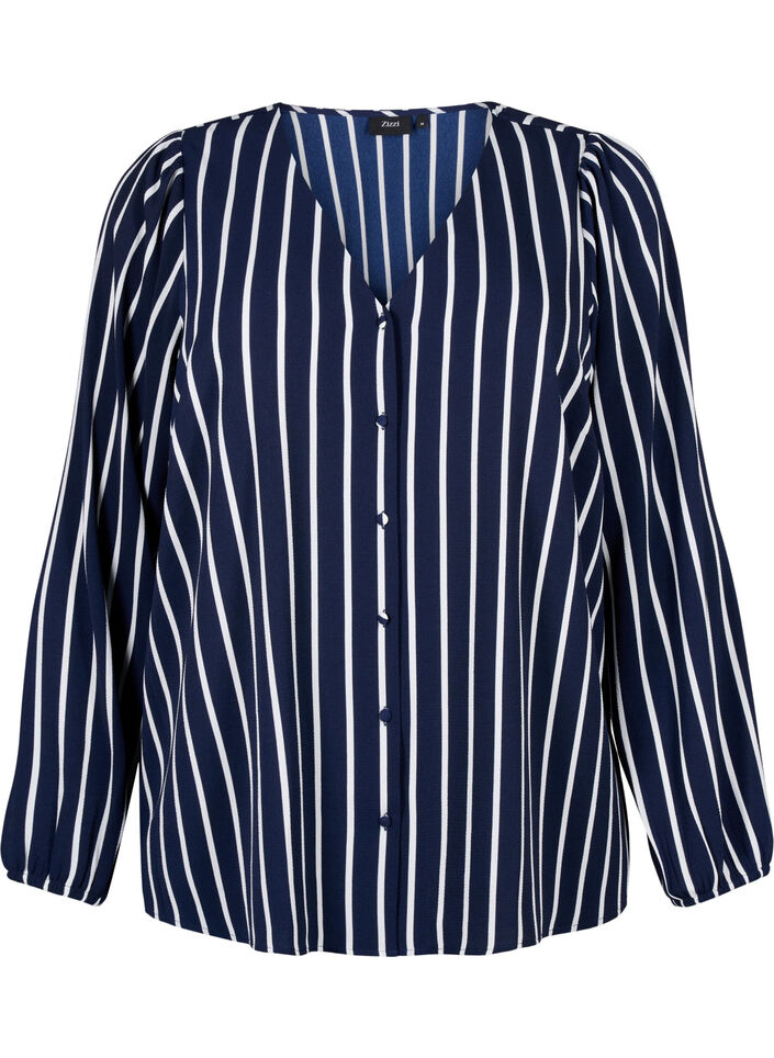 Skjortebluse med v-hals og trykk, Maritime Blue Stripe, Packshot image number 0