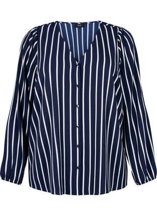Skjortebluse med v-hals og trykk, Maritime Blue Stripe, Packshot image number 0
