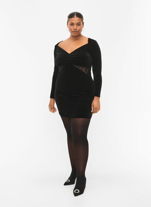 Kort kjole i velour med blonder, Black, Model image number 3
