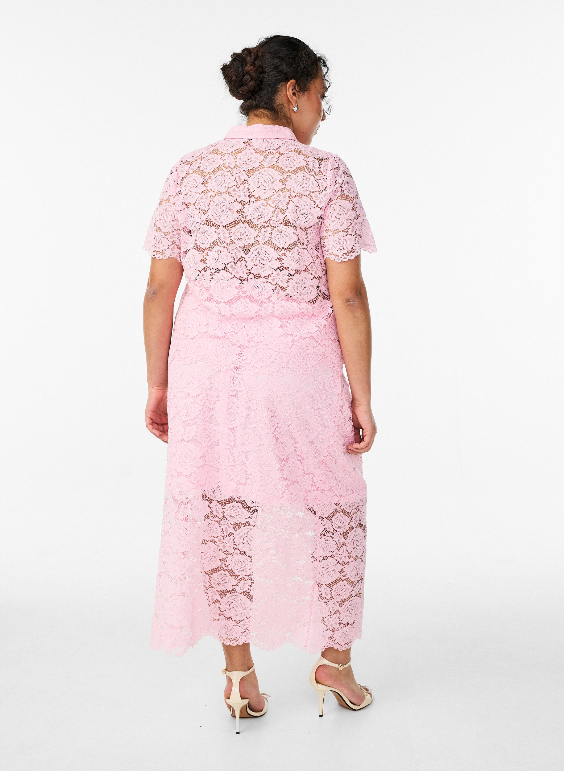 ZizziMidiskj&oslash;rt med blonder og elastisk midje, Rosa, Model image number 1